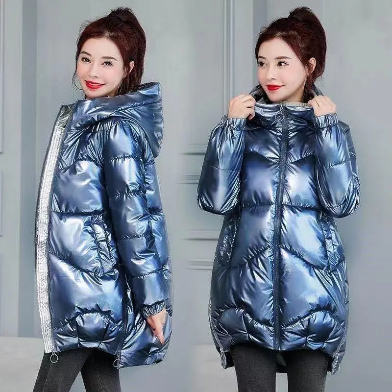 Women's Shiny Hooded Down Cotton Jacket Hooded Keep Warm In Winter Loose Korean Fashion Slim Fit Plus Size Designer Women Jacket