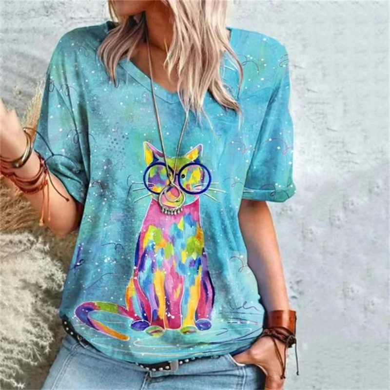 

Vintage Women's T-shirt Cartoon Kitten Print Shirt V-neck Girls Clothes Harajuku Short Sleeve Sweatshirt Summer Fashion New Tee