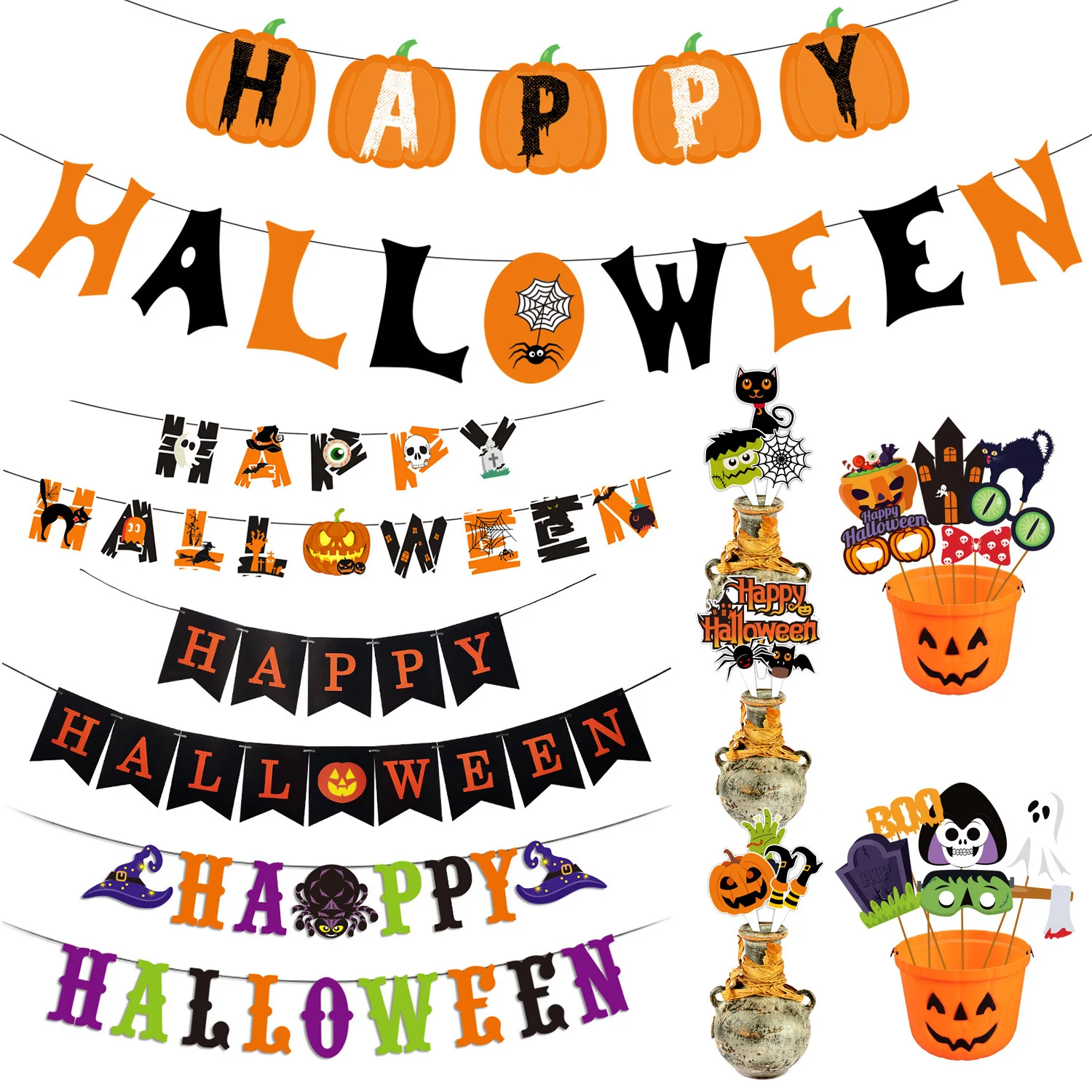 

Halloween Hanging Banner Garland Bunting Bat Pumpkin Ghosts Spider Paper Banner Happy Halloween Party Decorations Horror Props