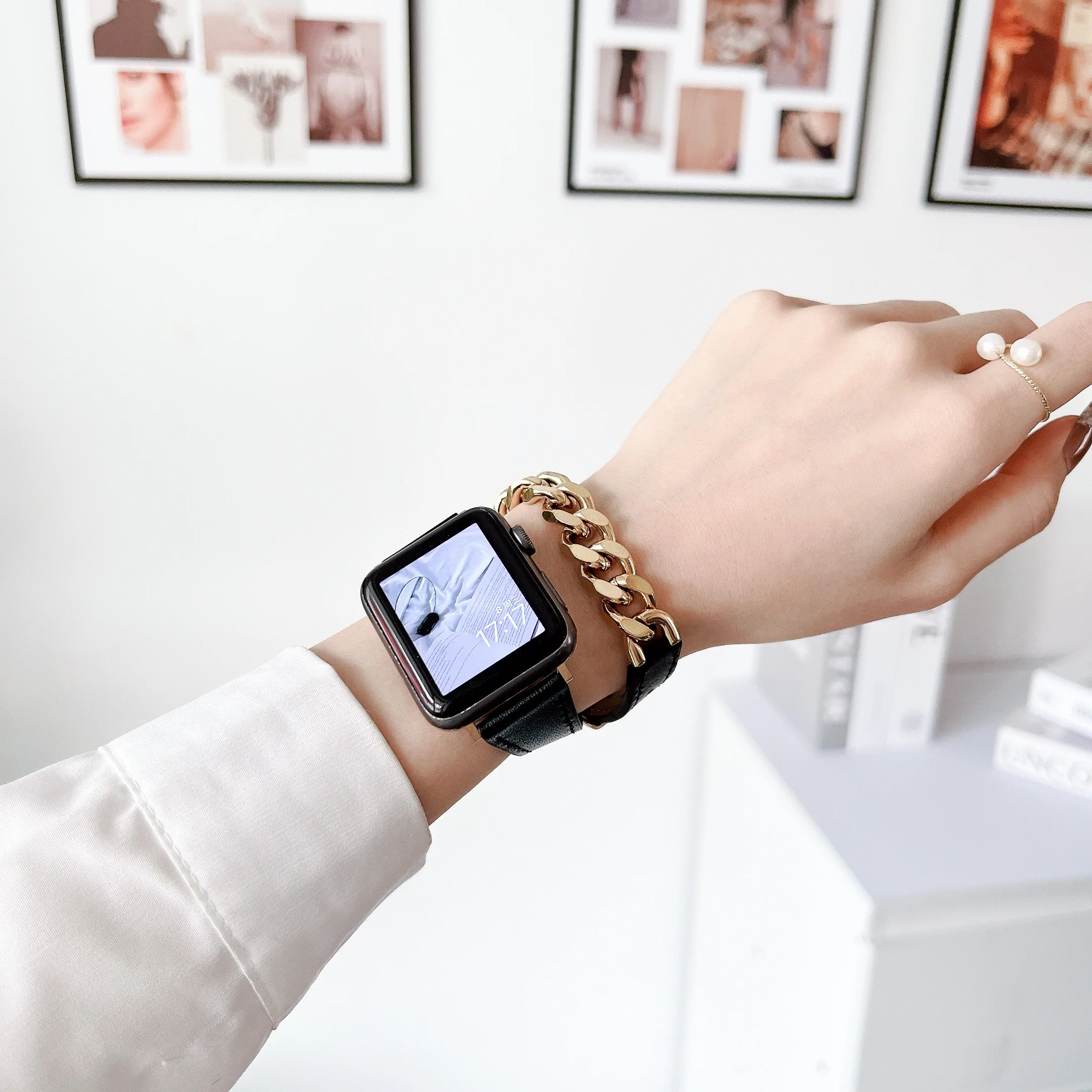 Leather Strap for Apple Watch bracelet double chain iwatch87654321SE Ultra men fashion stainless steel40 41 42 44 45 women wrist