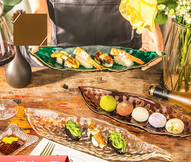 

Creative Pea Glass Plate Irregular Pigment Boat Plate Online Celebrity Pod Plate Dessert Sushi Dinner Plate Dishes