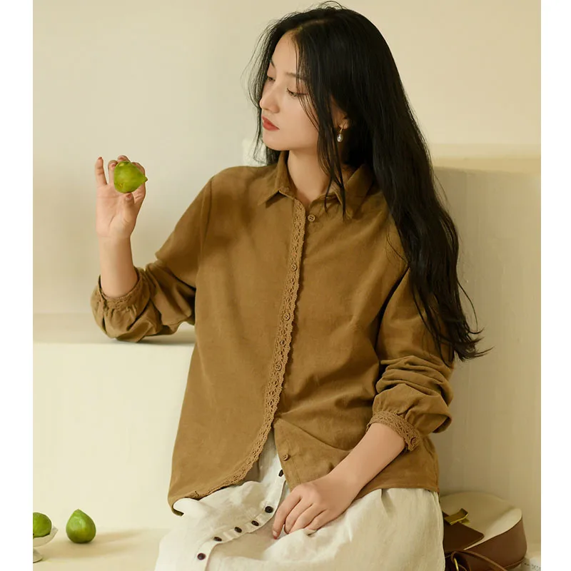 

Fashionable Loose Blouse Ladies All-Match Corduroy Women Clothing Fall New Lace Decoration Female Literary Style Shirts