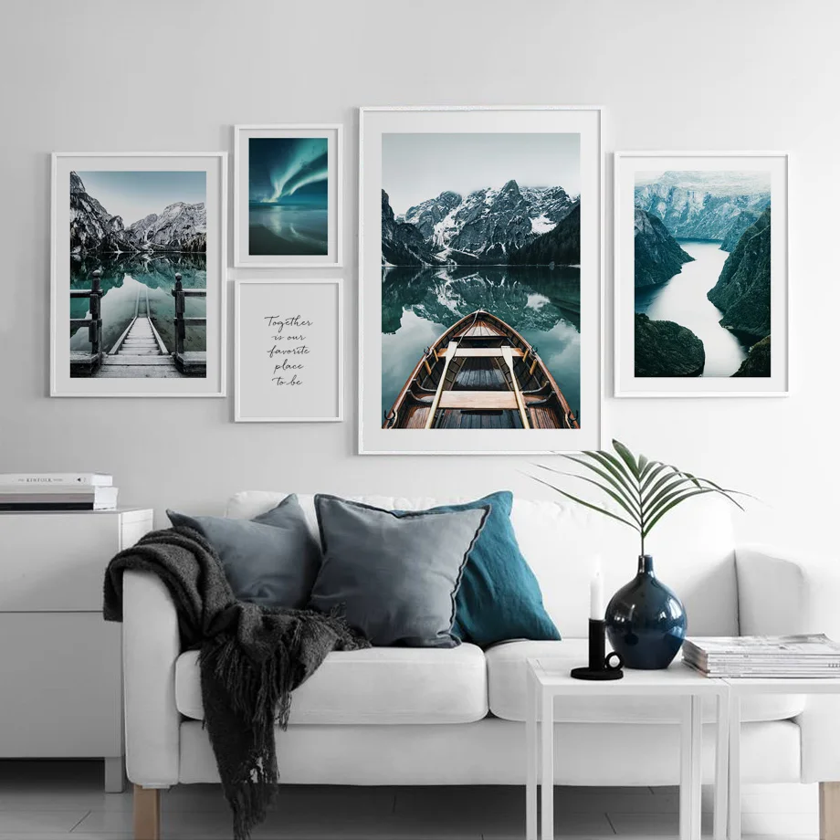 

Scandinavian Nature Wooden Boat Lake Mountain Wall Art Print Paper Canvas Painting Nordic Poster Decor Pictures For Living Room
