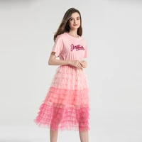 2022 womens new summer high end temperament round neck short sleeve perspective mesh stitched multilayer cake fluffy dress