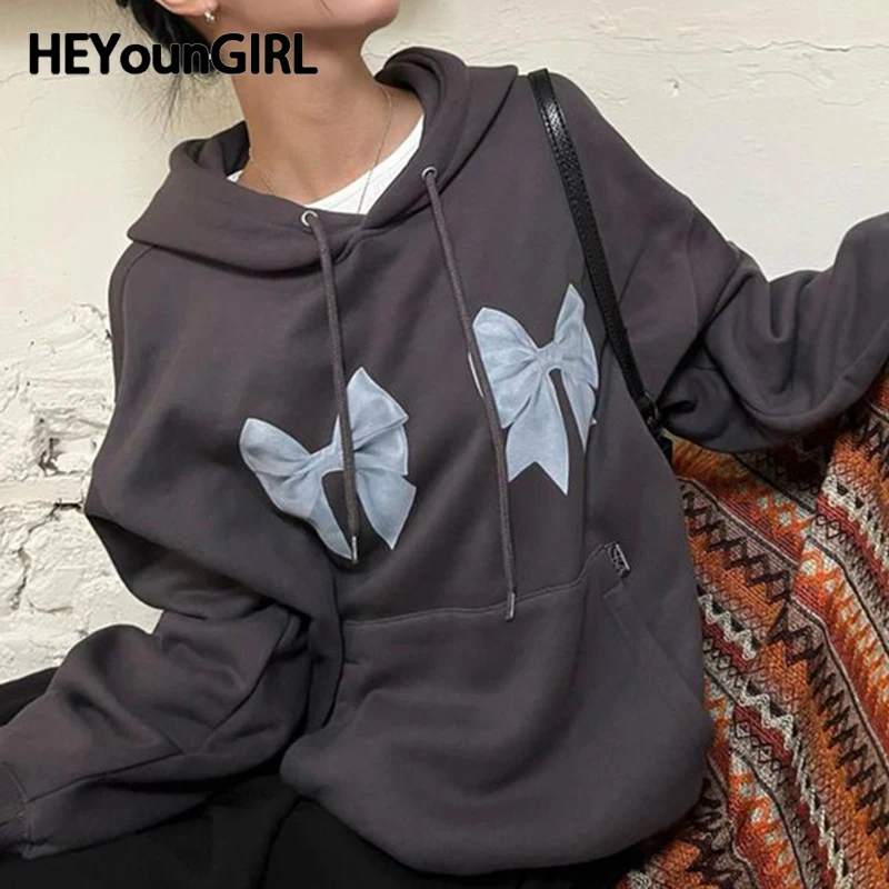 

Женские толстовки большого размера HEYounGIRL в стиле Харадзюку с бантом, Корейская Милая Повседневная Толстовка С Карманами, модные милые пуловеры с капюшоном Y2K