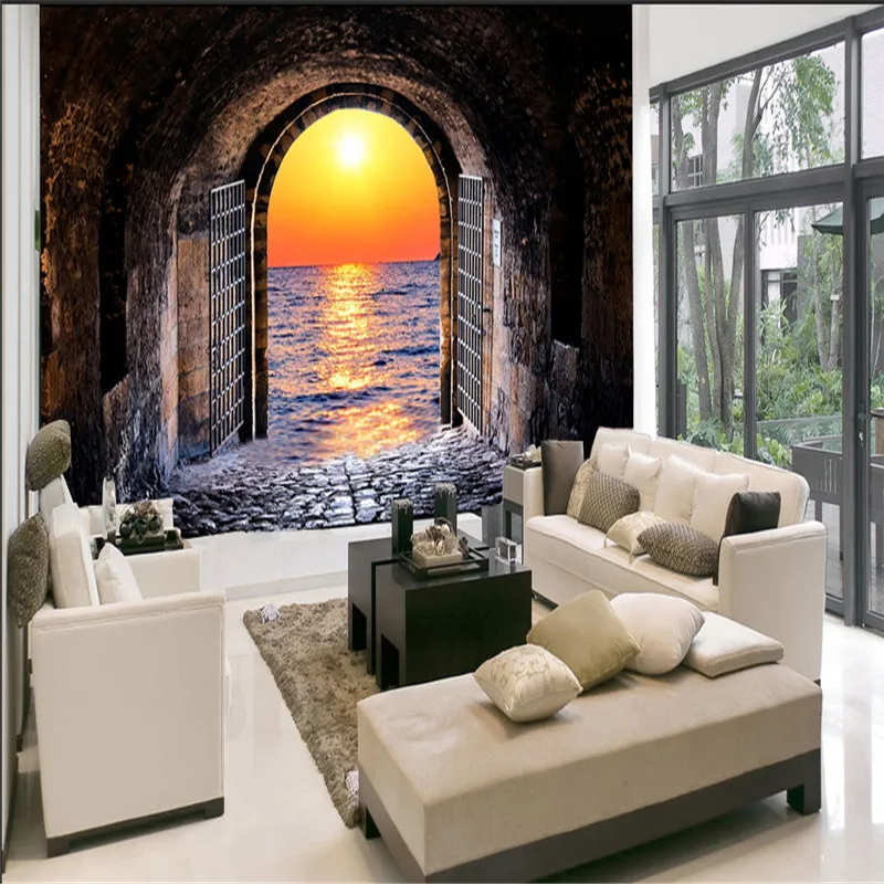 Retro Brick Wall 3D Space Tunnel Sunset Seascape Photo Mural Wallpapers for Bar Cafe Restaurant Industrial Decor Paper - купить по