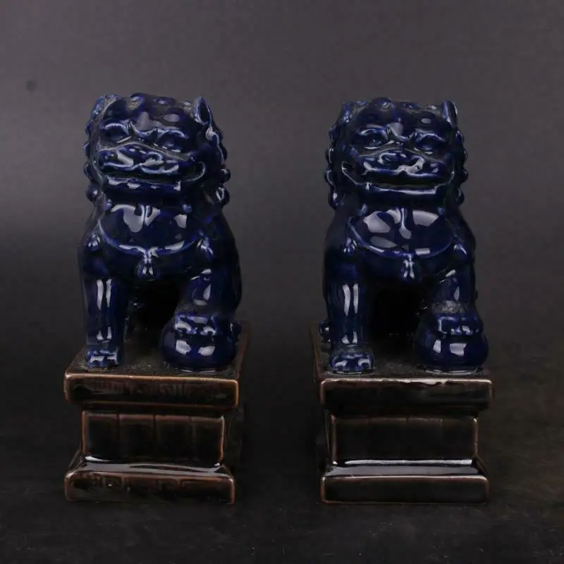 Фото Китайская фарфоровая фигурка Цин с синей глазурью - статуя Foo Fu Dog Guardian Lion, античная азиатская декоративная коллекционная работа №1