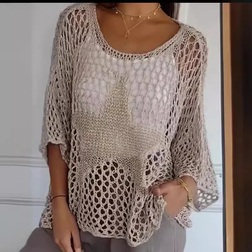 Women Fishnet Pullover Crochet Blouse Stylish Women's Tops O-neck Knit V-neck for Fashionable