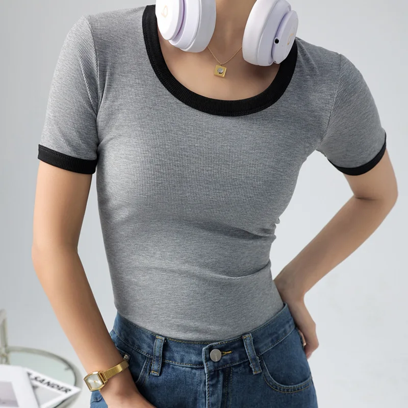 

European and American women's clothing new fashion contrast big round neck short sleeve T-shirt women's undershirt top