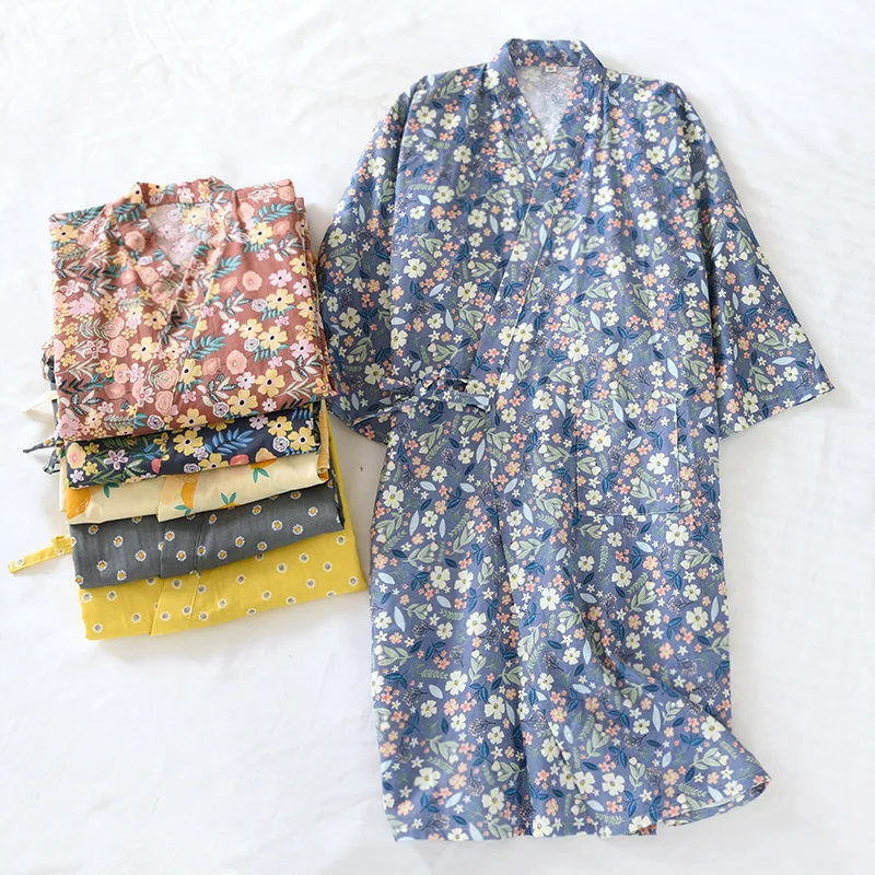 

Japanese-style kimono pajamas summer new 100% cotton gauze pajamas nightgown ladies SPA yukata homewear long pajamas women