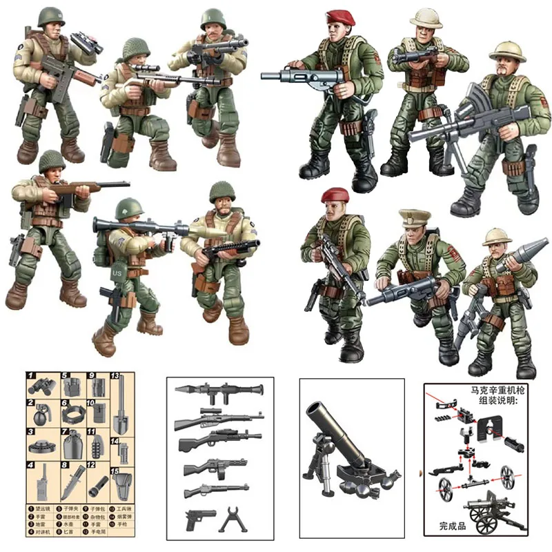 Small Building Blocks 1:36 Movable Soldier Figures Boy Assembling Model WW2 Army Arms Weapon Playable Toy For Children Gift