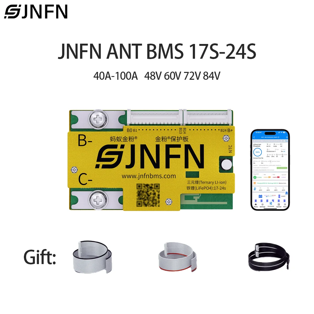 Фото JNFN ANT Smart BMS 17-24S 60V 72V 84V Lifepo4 Li-ion 18650 21700 Аккумулятор 40A-100A для электровелосипедов с Bluetooth №1