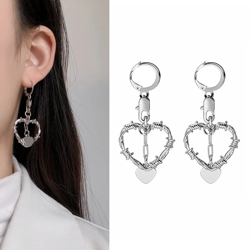 

egirl cool hip hop punk Thorns heart dangle earring for women girls 2022 hollow heart goth gothic statement unusual drop earring