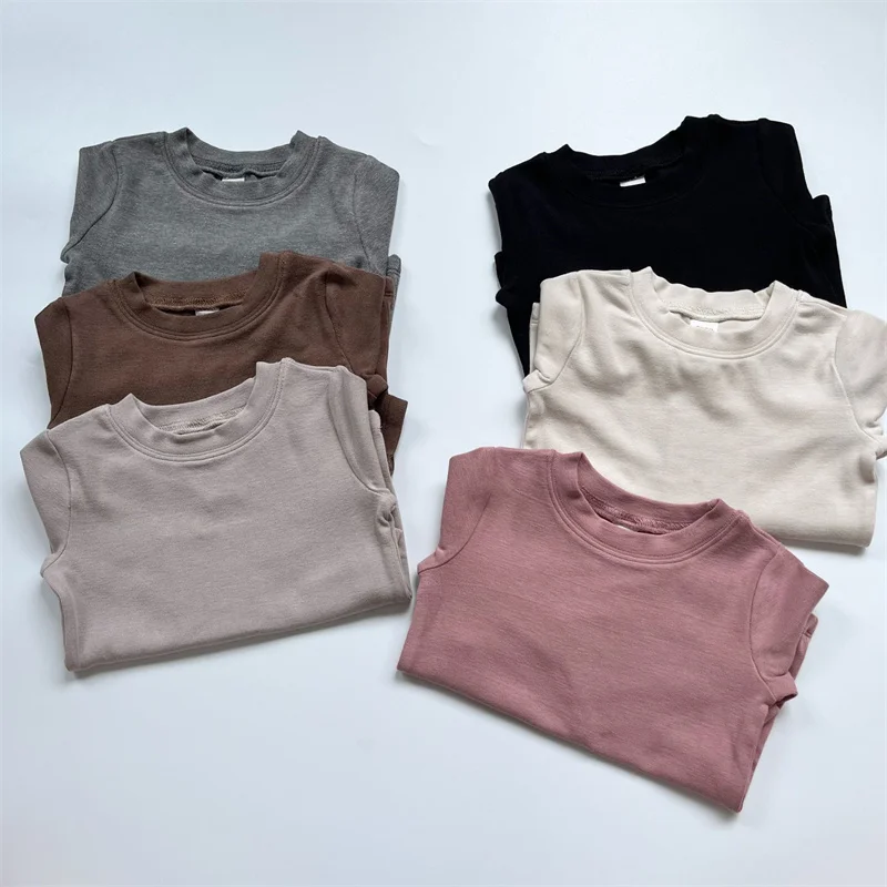 

Spring Autumn Kids Boys Girls Solid Round Neck Long Sleeved Shirt Kids Outfits Family Women Shirt Family Matching Clothes