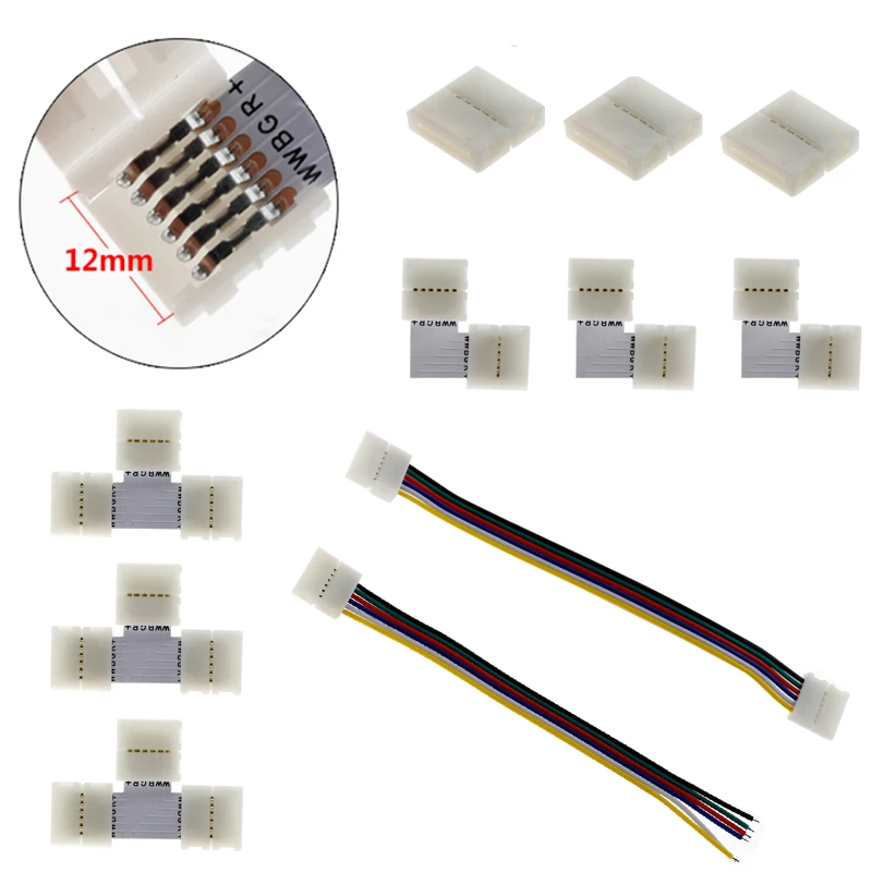 5pcs/lot 12mm 6PIN 6 Pin RGB+CCT L Shape or T shape No Soldering Easy Connector For RGBCCT RGBCW LED Strip Light 6 PIN Connector