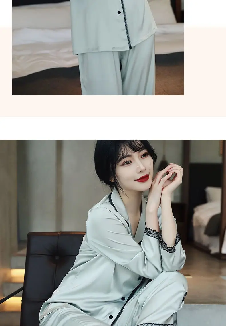 Spring and Summer New Ice Silk Pajamas Women's Long Sleeve Thin Style High Beauty Home Furnishing Women's Silk Lace Upscale Set