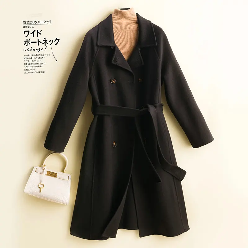 

New Double faced Woolen Coat Women's Mid length Double breasted Slim Fit Belt Cashmere Woolen Coat Woolen Coat