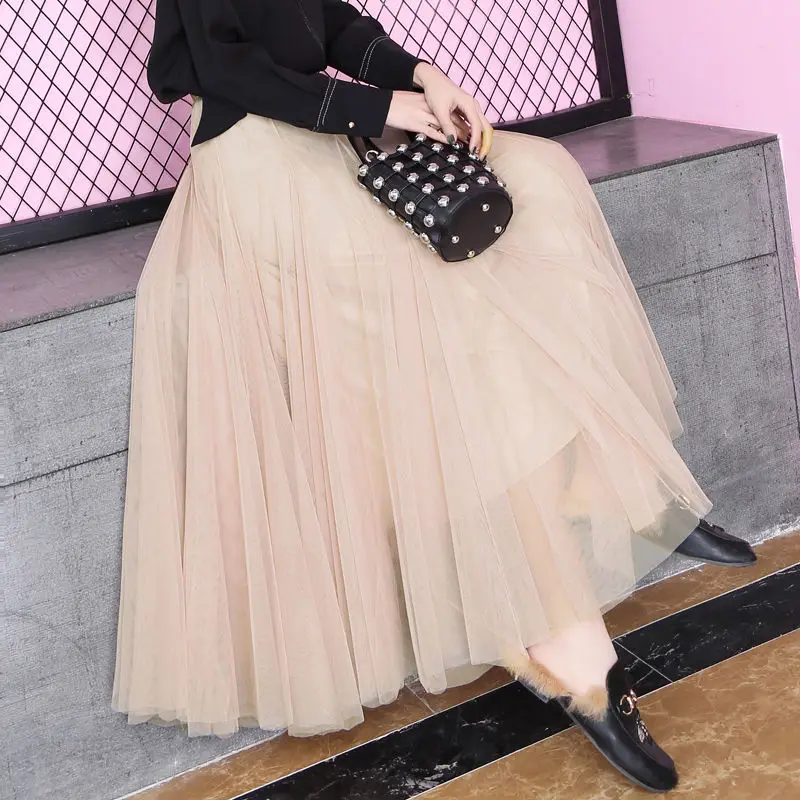

Spring Summer Korean Style Women Swing Long Skirt Pleated Lace Mesh Sweet Loveliness Lady High Waist Ball Gown Skirts D183
