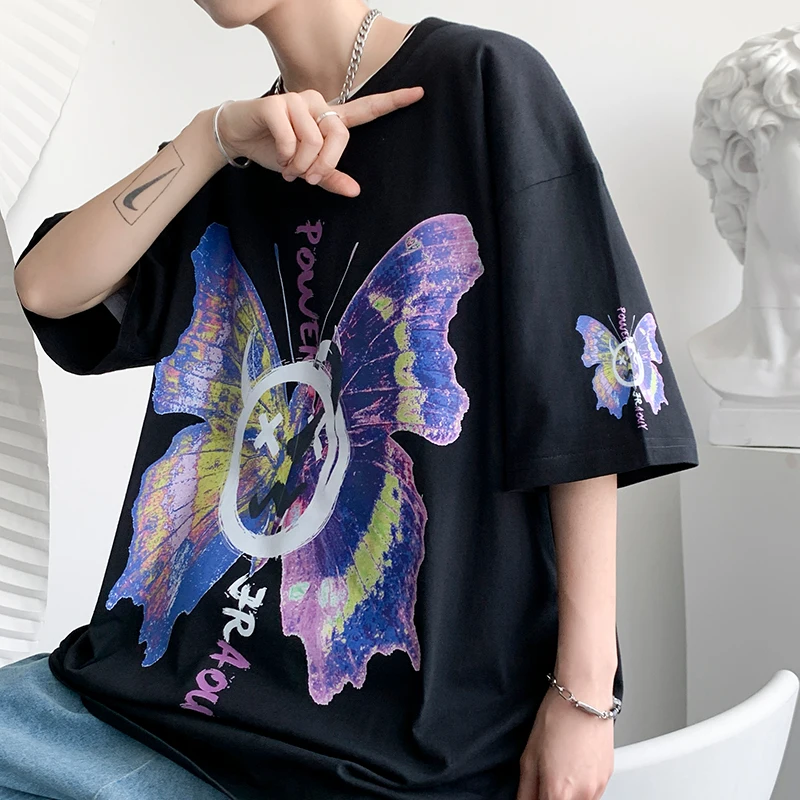 

Hip hop Street devil butterfly print loose short sleeve T-shirt half sleeve couple