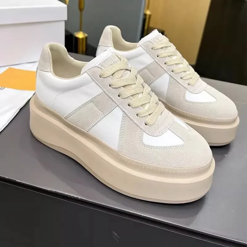 Designer Brand Shoes Thick soled Small Tall Women's Casual Retro Genuine Leather Color blocked De Xun