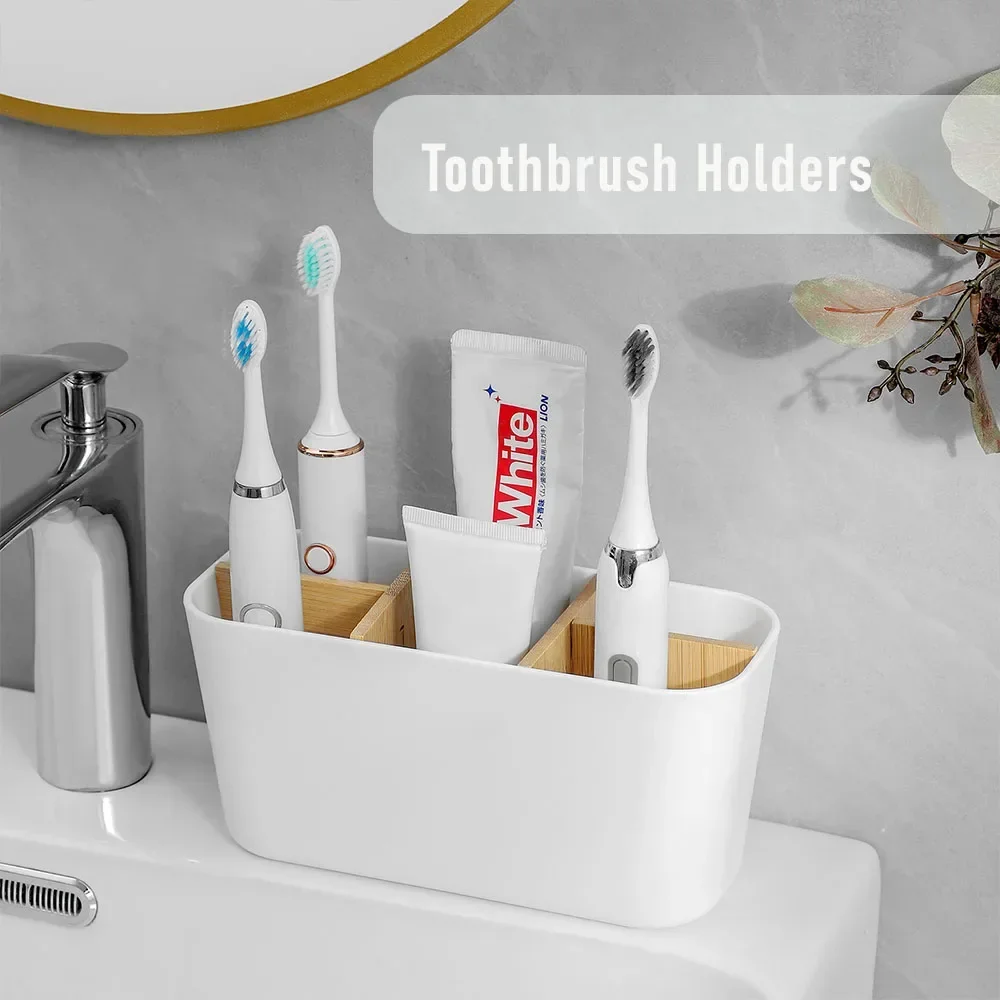 Bamboo Desktop Organizer Electric Toothbrush Holder Razor Makeup Brush Storage Box Toothpaste Stand For Bathroom Bedroom