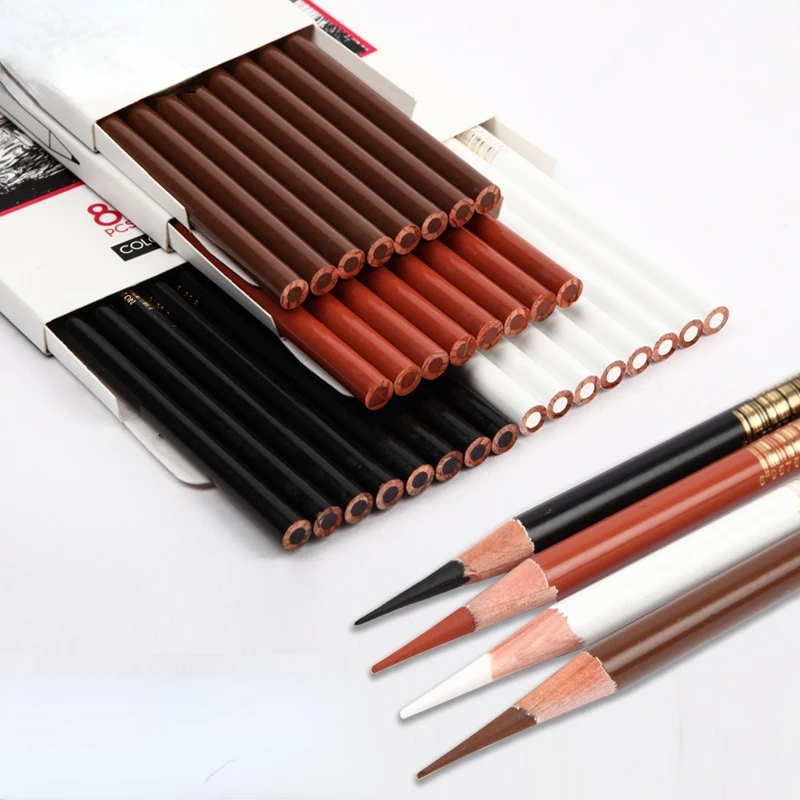 8 Pcs/box Professional Color Sketch Charcoal Pen White Black Brown Coffee Color Genuine Set Artist Grade Painting Pencil