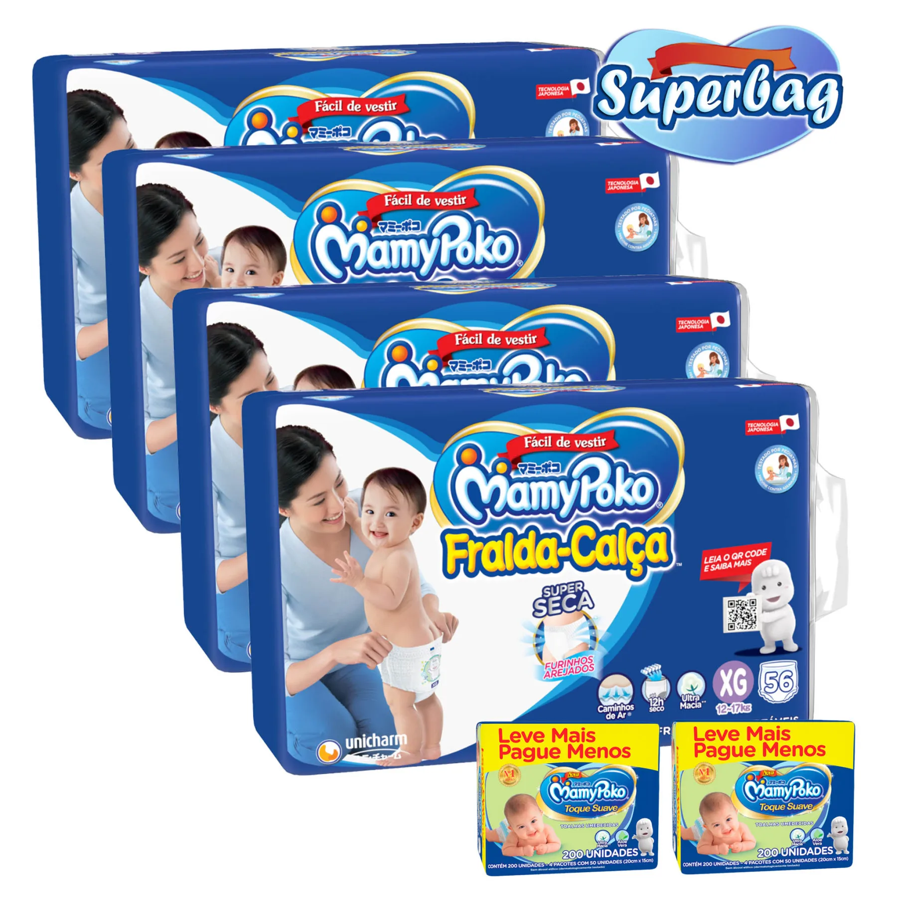 

Kit 04 Super Bag BREAKFLOW Disposable Mamypoko XG -224 Units + 400 Wet Wipes