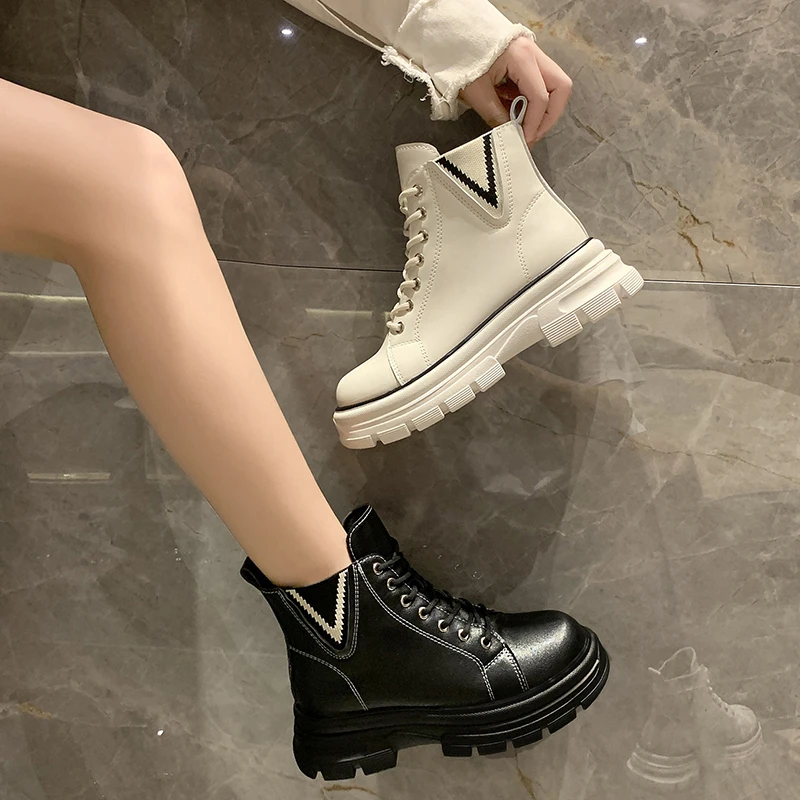 Women's flat women's shoes autumn and winter 2022 new casual white lace-up fashion vulcanized leather women's boots nude boots