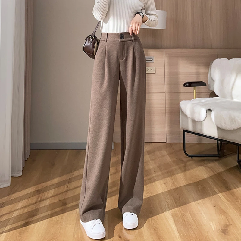 

Woolen Wide-leg Pants Women Fall Winter 2022 New Elastic High-waisted Trousers Female Vintage Thick Slim Fit Straight Pant