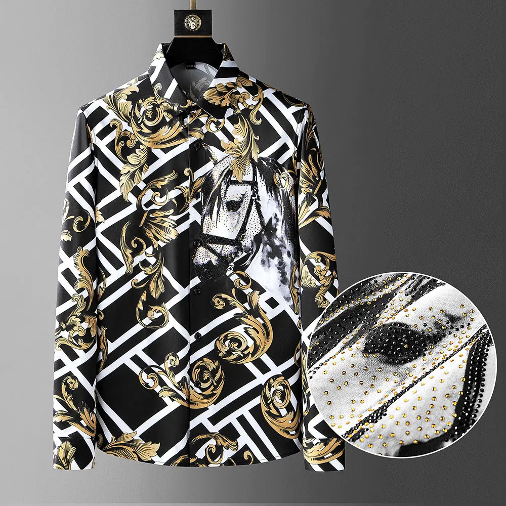 

2022 животные со Стразами Рубашка мужская длинная Mouw Camisa рубашка Мужская Уличная рубашка с принтом лошади вечерние рубашки для клуба
