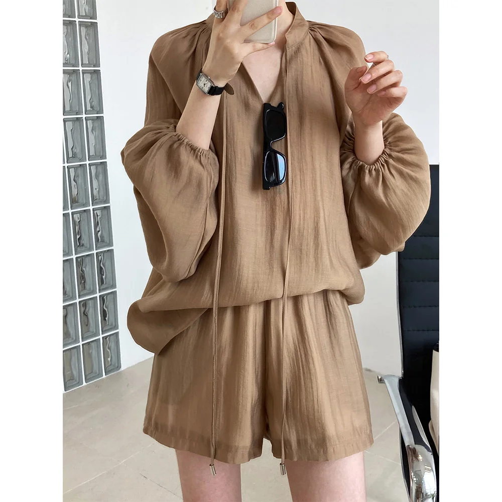Lace Up Long Sleeve Sunscreen Shirts Tops and Wide Leg Shorts Khaki White Black Summer Tracksuit Women Two Piece Set