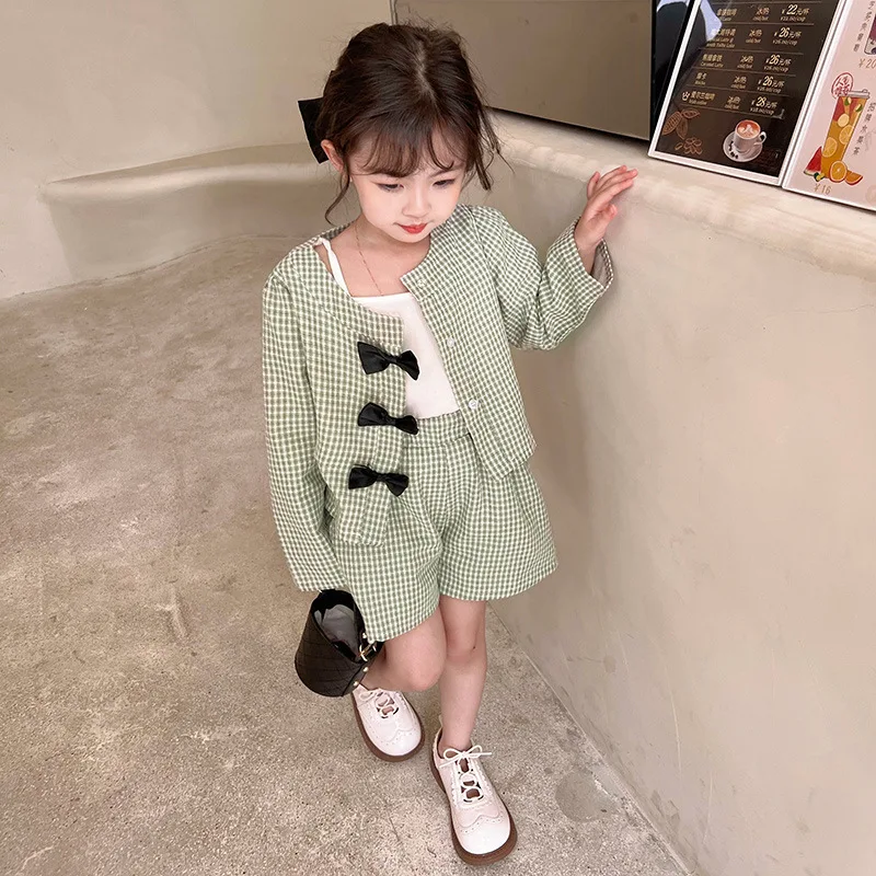 Baby Girl Clothes Sets Shirt+Short Spring Plaid Infant Toddler Child Homesuit Bowknot Long Sleeve Baby Clothes