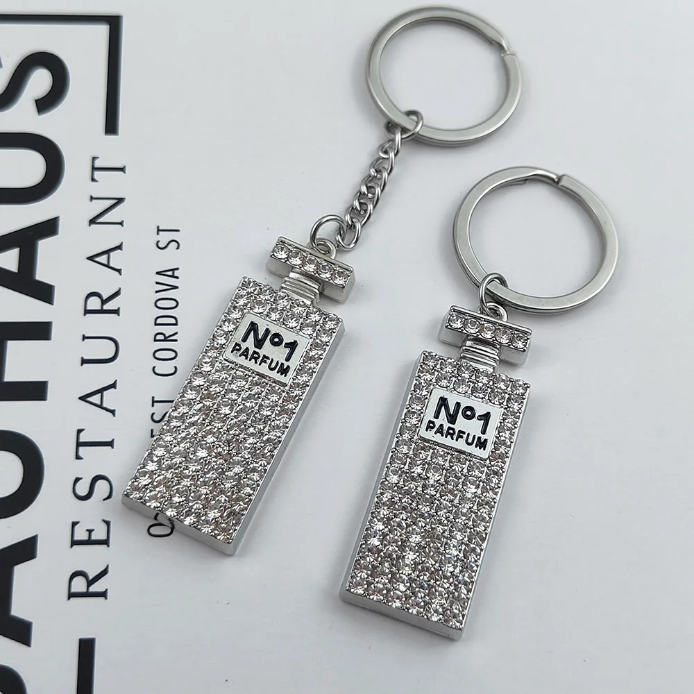 

High Quality Fashion Car Keychain Bag Charm Rhinestone Metal Keyring Key Holder Creative Perfume Bottle Key Chain Ring Wholesale