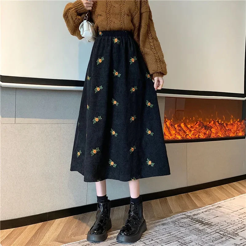 

Autumn Winter Embroidery Floral Women Midi Skirt Vintage High Waist Warm Corduroy A Line Skirt Harajuku Korean Ins Elegant Skirt