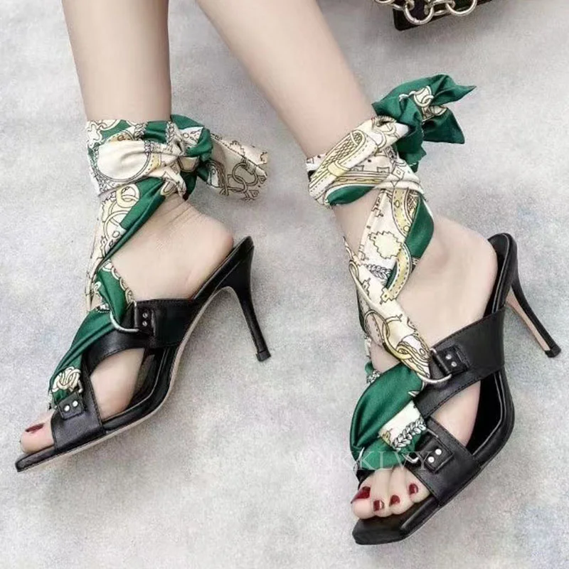 

Runway Thin High Heel Sandals Women Real Leather Ribbon Decor Ankle Strappy Gladiator Sandalias Summer Sexy Party Dress Shoes