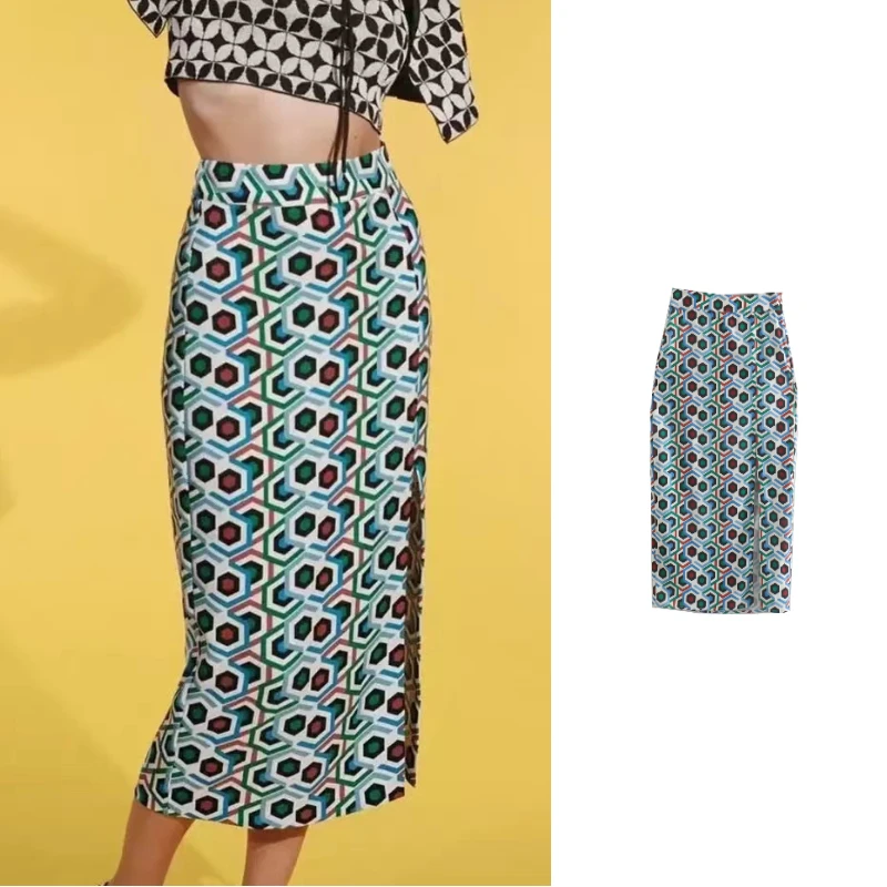

Женская юбка с высокой талией ZA, прямая юбка с геометрическим принтом в стиле ретро, универсальная юбка с разрезом спереди, 2022