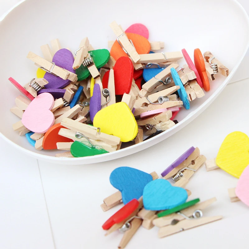 

50Pcs Mix Mini Red Heart Wooden Love Clips Photo-Paper Postcard Clips Valentines Wedding Home Decorations Party Supplies Decors