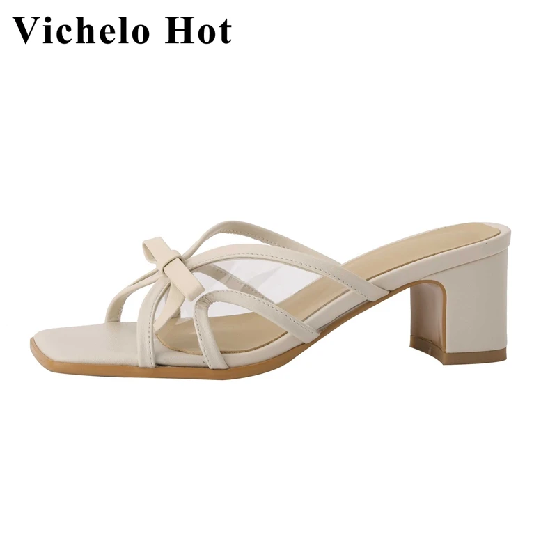 

Vichelo Hot Pvc Peep Toe High Heel Mules Butterfly-knot Beauty Lady Dating Fashion Mature All-match Summer New Women Sandals L38