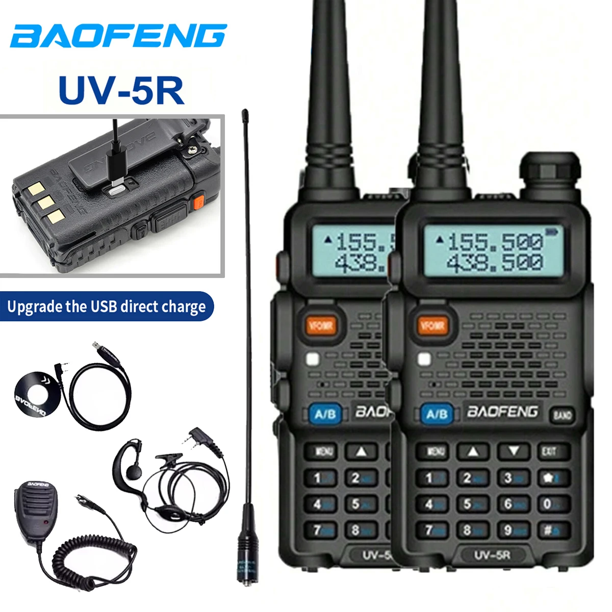 2 Stuks Baofeng UV-5R Usb Lange Afstand Ham Amateur Met Fm Radio Draagbare Tweeweg Cb Walkie T