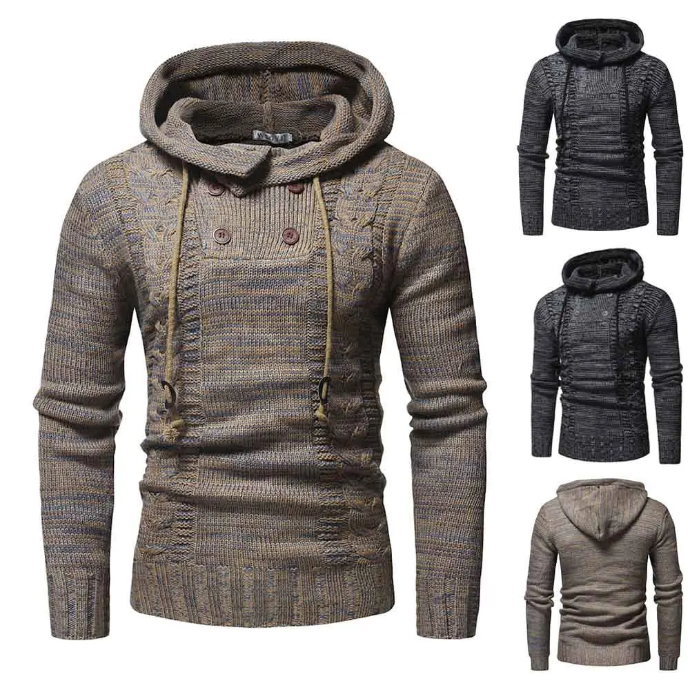 

Autumn and winter men's fashion color-block personality twist double-breasted hooded slim knit sweater men