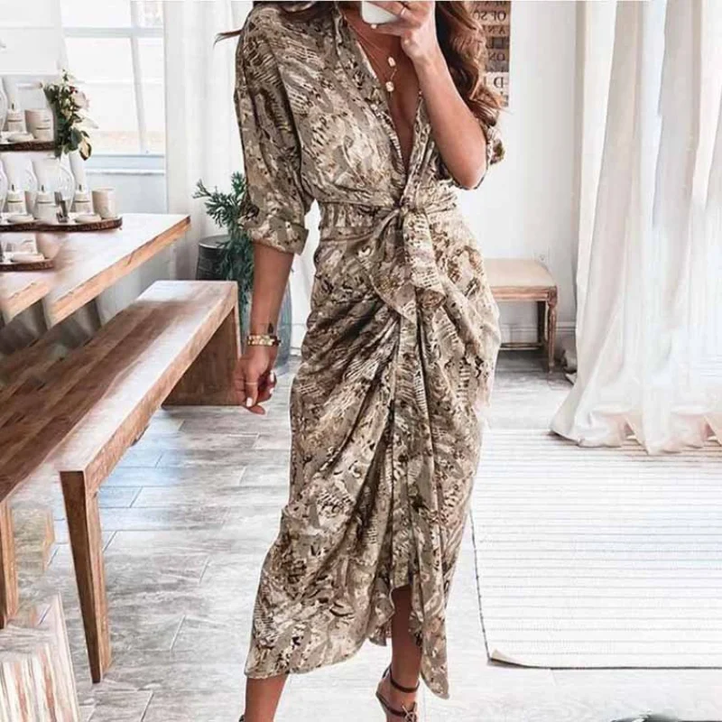 Купи Summer Bandage Shirt Dress Women Fashion Button Ruched Dress Casual Short Sleeve Printed Dress Female Elegant Party Dress Robe за 593 рублей в магазине AliExpress