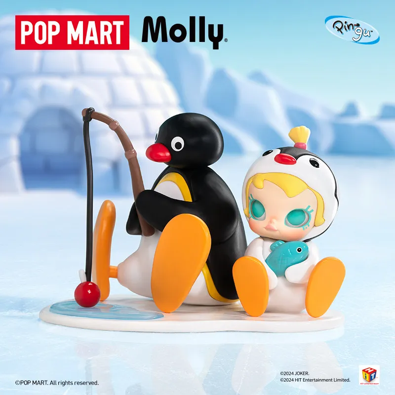 Фото POPMART Baby Molly × PINGU Fishing Time Series: Коллекционные фигурки на подвесной карточке для декора комнаты, подарки на детские праздники №2