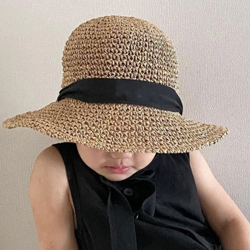

Straw Woven Cap Baby Beach Sun Hats Newborn Photography Props Wide Brim Summer SunProtection Hat Travel Sun-visor Hat