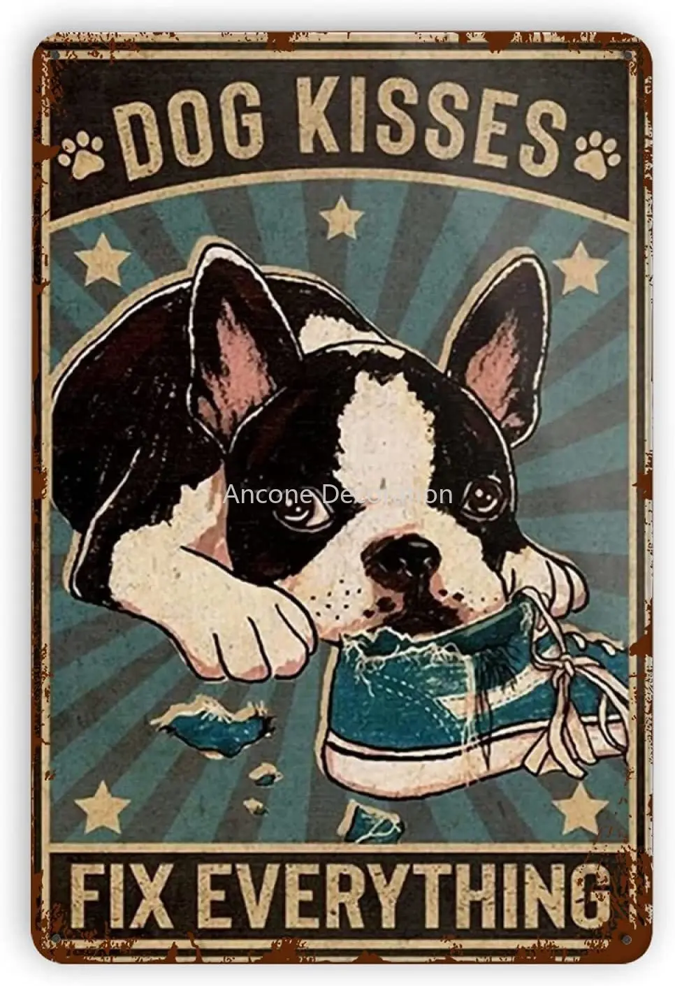 

Metal Tin Label Dog Kiss Fix Everything Interesting Wall Decoration Suitable for Family Bar Cafe Room Retro Art Poster