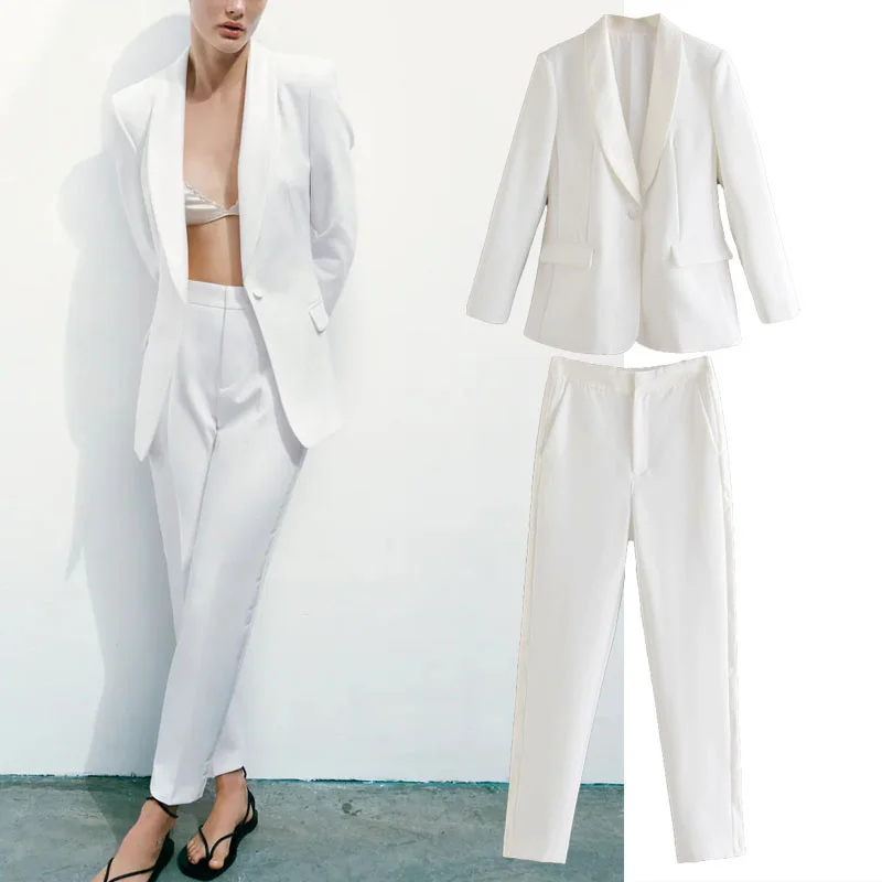 

Summer White Tuxedo Woman Jacket Za 2021 Casual Lapel Long Sleeve Single Button Blazer Fashion High Waist Pant Women Suits Mujer