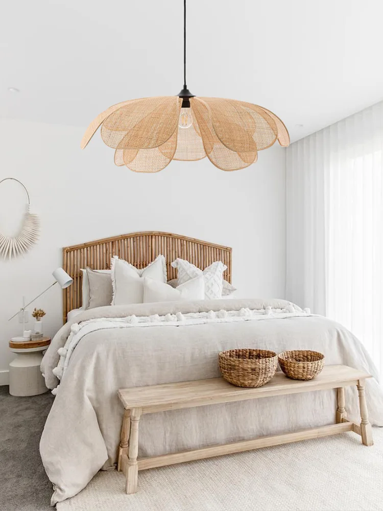 

E27 Natural Rattan Petal Chandelier Dining Room Living Room Bedroom Hotel Table Lamp Creative Chandelier