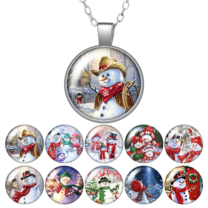 

Christmas Snowman Winter Round Pendant Necklace 25mm Glass Cabochon Women Girl Jewelry Party Birthday Gift 50cm