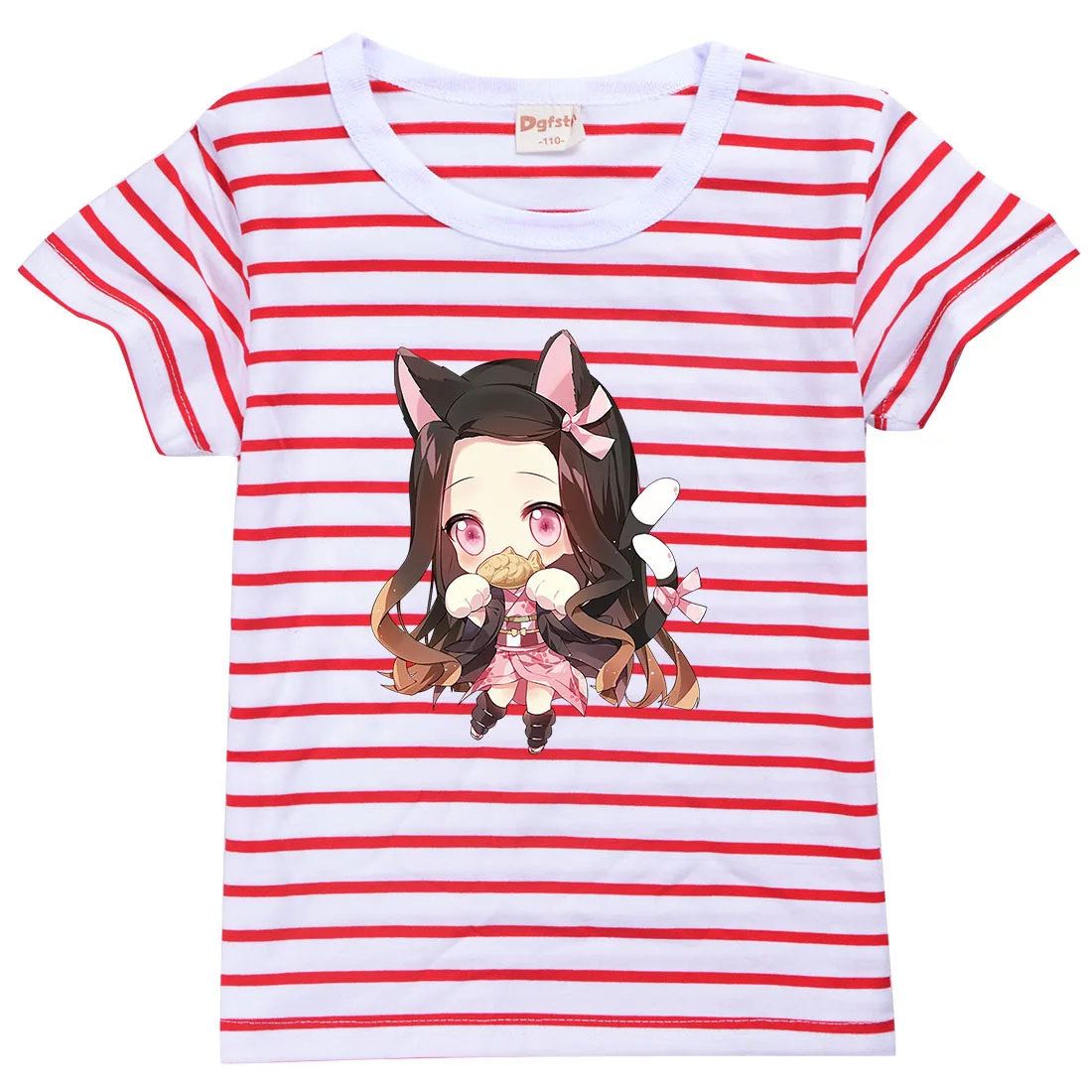 

Boys Girls Anime Cartoon Demon Slayer Printing Short Sleeves O-neck Summer Casual T-shirt Kids Outdoor Wearing Striped Top Tee