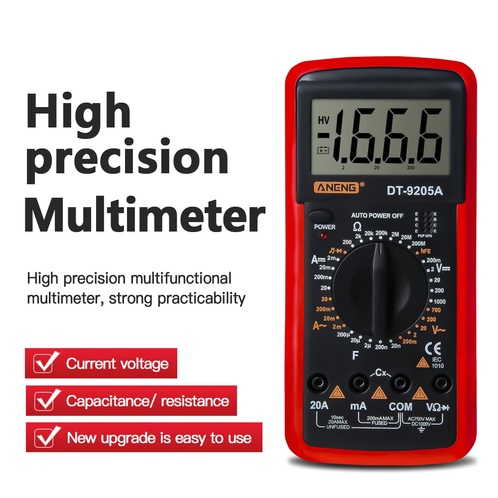

DT-9205A Digital Multimeter Tester High-Precision DC Current Voltage Resistance Capacitance Transistor Meter Digital Multimetro