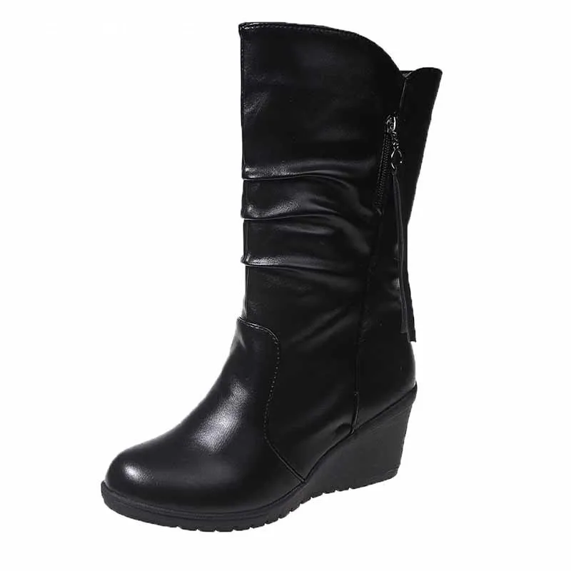 Женские сапоги до середины икры на высокой танкетке элегантная Дизайнерская